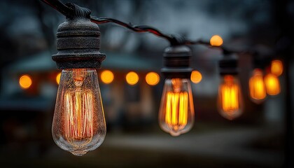Warm Edison bulbs strung in a line, focusing on the glowing filament