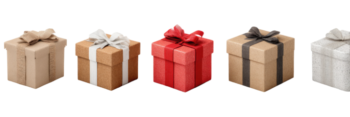 Four gift boxes of different colors, tied with ribbons