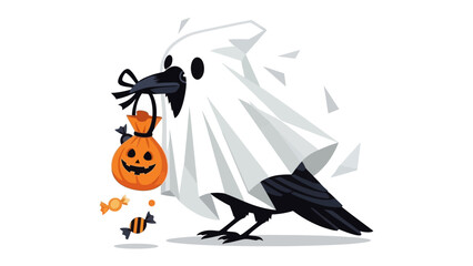 Spooky Raven at Halloween: A charming and whimsical raven, adorned in a ghost costume, carries a trick-or-treat bag and candy, embodies the fun and spirit of Halloween.