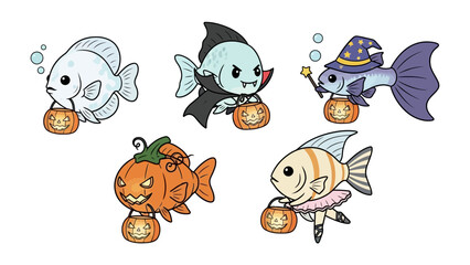 Fototapeta premium Halloween Fishes: Playful cartoon fishes dressed in costumes, each carrying a jack-o'-lantern bucket for trick-or-treating, in a creative holiday scene.