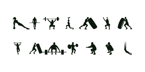 Fitness exercise silhouettes set vector showcasing physical activity, gym workout poses, training movements, health, strength, and body shape illustration