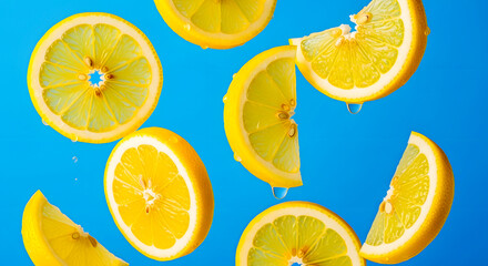 Bright Yellow Lemon Slices Floating Against a Vivid Blue Background