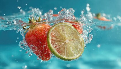 Fresh strawberries and lime slice in water splash