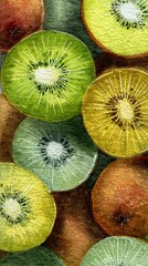 A vibrant watercolor illustration featuring various sliced kiwis in green, yellow, and brown hues, showcasing their unique textures and patterns.