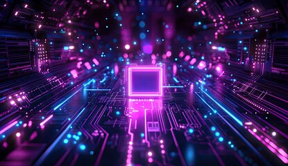 Neon circuit board with glowing rectangle