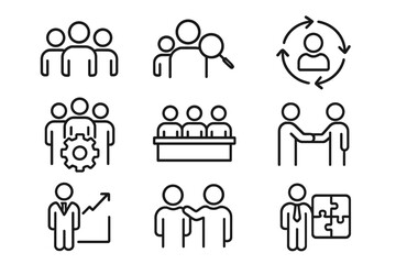 Business people line icon set. Vector concepts of teamwork, human resources, collaboration, research, meeting, partnership, career growth, support, management, and strategy.