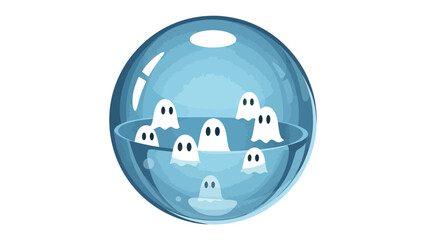 Ghostly Gathering in Crystal Globe: Adorable cartoon ghosts trapped within a shimmering crystal globe, offering a playful and mysterious visual, reminiscent of Halloween spirit.