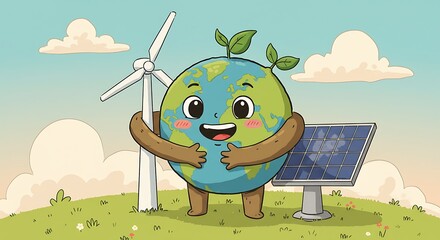 Happy Earth Character with Renewable Energy. Cute Planet Embracing Wind Turbine & Solar Panel for Environmental Protection & Sustainability.