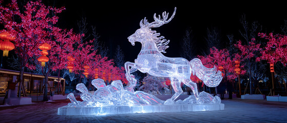 Majestic ice sculpture of a deer with glowing lights at night