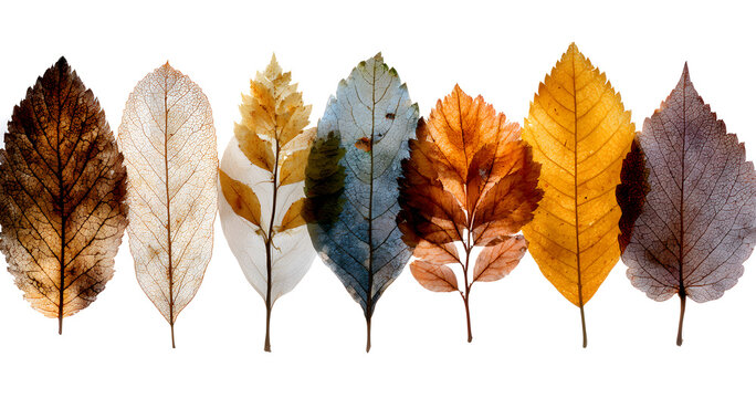 A collection of dried, dry autumn tree leaves isolated on a flat background for autumn designs.