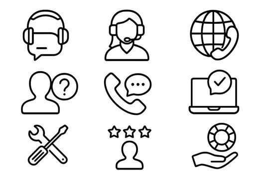 Customer service and support web icon set in thin line style. Vector collection includes help, online assistance, call center, feedback, and technical repair symbols. - Powered by Adobe