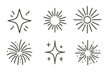 Hand-drawn sparkle & sunburst icon set. Retro star, firework explosion, shine, sunbeam & glitter elements. Decorative black outline vector symbols for celebration & surprise.