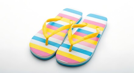 Colorful striped flip flops on white background summer beach vacation footwear