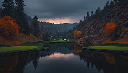 Autumn golf course, tranquil reflection