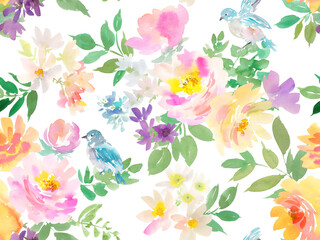 Watercolor Seamless Floral Pattern with abstract hand painted pink and cream peonies, wild flowers and blue birds. Spring Floral textile design for fabric and stationary. PNG botanical wallpaper.