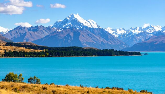Panoramic view of a turquoise lake nestled amongst snow-capped mountains - Powered by Adobe