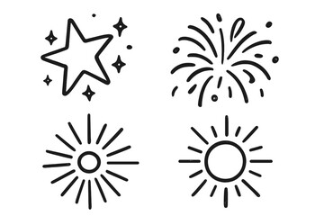 Doodle sparkle starburst icon set. Hand drawn vector elements of sunburst rays, firework explosion, shining star. Retro black outline graphics for celebration, surprise, festive design.
