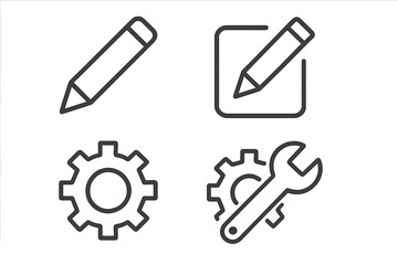 Edit, settings, and configuration line icon set. Pencil for writing, gear for options, wrench for setup. UI UX web design elements. Vector pictogram collection isolated.