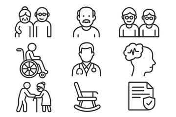 Elderly care line icon set. Senior lifestyle, retirement, pension concepts. Grandparents, doctor, caregiver, alzheimer, wheelchair, nursing home, medical assistance vector.