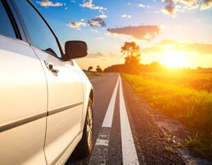 White car on a road at sunset