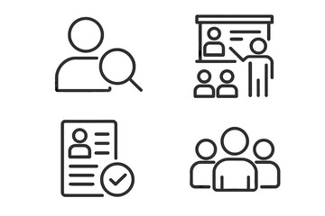 Hiring process icon set. Human resources, recruitment, and onboarding. Candidate search, training, resume review, and team building. Job interview and career development icons.