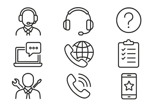 Customer service web icon set. Line art symbols for support, help, online chat, and feedback. Contact us, call center operator, and technical assistance thin line icons.