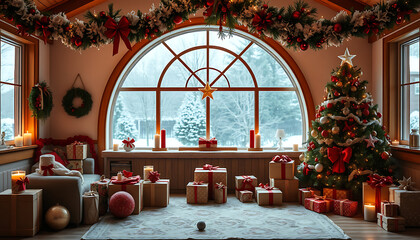 a cozy christmas living room with a large window overlooking a snowy winter landscape