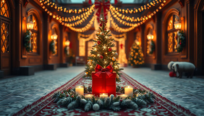 a warmly lit christmas hallway with a decorated tree, gift, and candles leading to a festive celebration