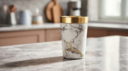 Elegant marble tumbler with golden lid rests on a polished marble countertop in a kitchen