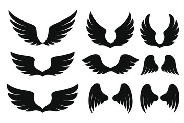 Obraz premium Set of black wings silhouettes. Various shapes of angel, eagle, bird wings. Vector icon collection for logo, tattoo, heraldry, emblem. Freedom, flight, heaven, fantasy symbol.