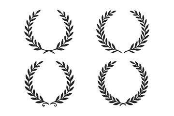 Set of black circular laurel wreaths. Vintage collection of foliate branches. Hand drawn vector laurel leaves. Decorative elements for award, victory, champion, winner, logo.
