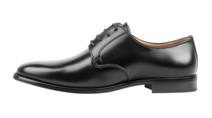 Elegant black leather dress shoe isolated on transparent background for mens fashion