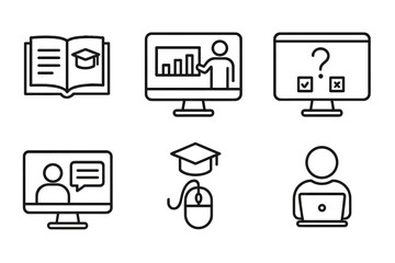 Online training and e-learning line icon set. Icons for webinar, education, seminar, online test, and distance learning course. Vector symbols for website and business app.