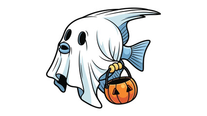 Spooky Fish: A playful and spooky illustration of a fish in a ghost costume, perfect for Halloween-themed designs, carrying a pumpkin pail in hand.