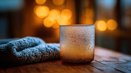 Cozy frosted tumbler on wooden table with warm bokeh lights and knitted blanket