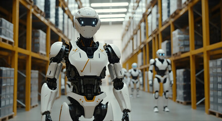 Fototapeta premium Cutting-edge humanoid robots autonomously manage a vast modern warehouse, showcasing innovative future logistics and smart automation solutions.