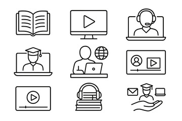 Online education and e-learning web icon set in line style. E-book, video tutorial, mentor, distance learning, webinar, online course, graduation concept vector collection.
