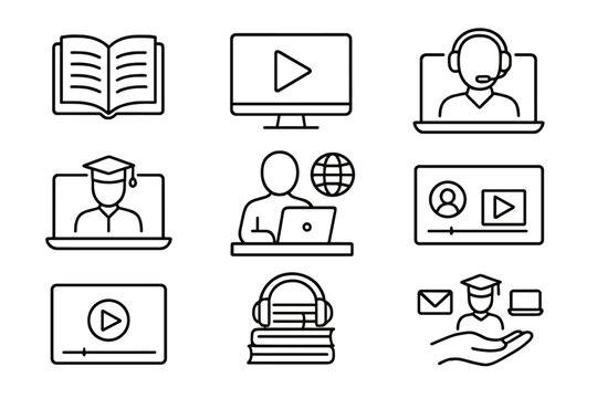 Online education and e-learning web icon set in line style. E-book, video tutorial, mentor, distance learning, webinar, online course, graduation concept vector collection.