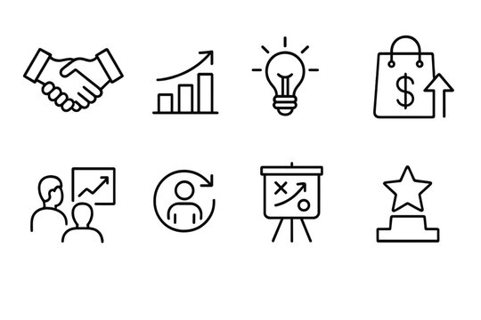 Business success line icon set. Thin line style icons for growth, profit, innovation, sales increase, coaching, strategy, and achievement. Vector collection of pictograms.