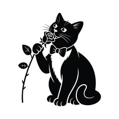 Black cat wearing a bow tie smelling a rose