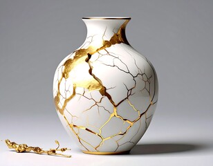 White ceramic vase with gold cracks