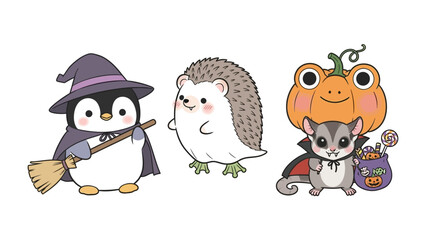 Halloween Friends: A whimsical illustration of Halloween-themed animal characters, each dressed in festive costumes, embodies the spirit of Halloween. 