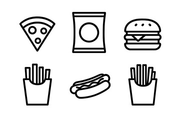 Fast food line icon set. Simple vector symbols for web, menu. Unhealthy junk food collection: pizza, chips, burger, french fries, hot dog. Outline food signs illustration.