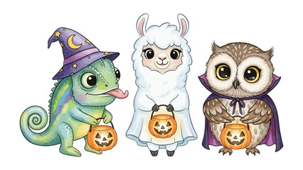 Halloween Characters Parade: An enchanting ensemble of a chameleon wizard, a llama ghost, and an owl vampire joyfully bear festive jack-o'-lanterns, painted in a charming, fantastical style.