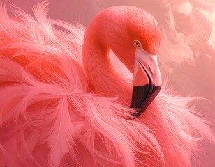 A vibrant pink flamingo with soft, fluffy feathers