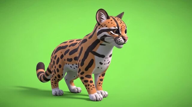 Animated ocelot model walking loop on green screen, showcasing animal movement