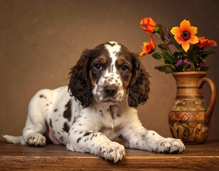 Cute Puppy Lying Down, Flowers, Vase.