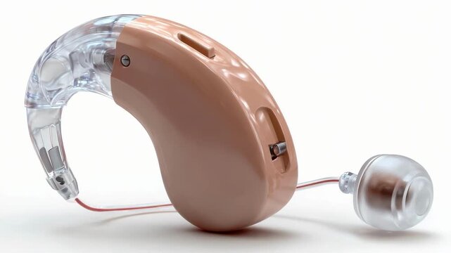 Beige behind-the-ear hearing aid with a clear earmold and a connected in-ear speaker.