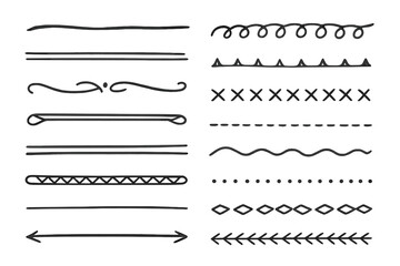 Obraz premium Hand drawn vector line border collection, doodle style geometric dividers, pencil stroke underlines, vintage fashion decorative borders, sketch design elements