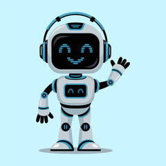Fototapeta premium Cute headset robot, waving friendly hello, rounded body, bright highlights, minimal cyan backdrop, modern ai companion, vector illustration